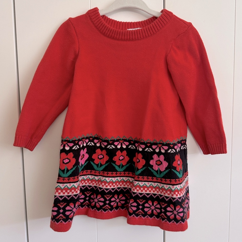 Hanna Andersson Orange Red Floral Sweater Dress 12-18M